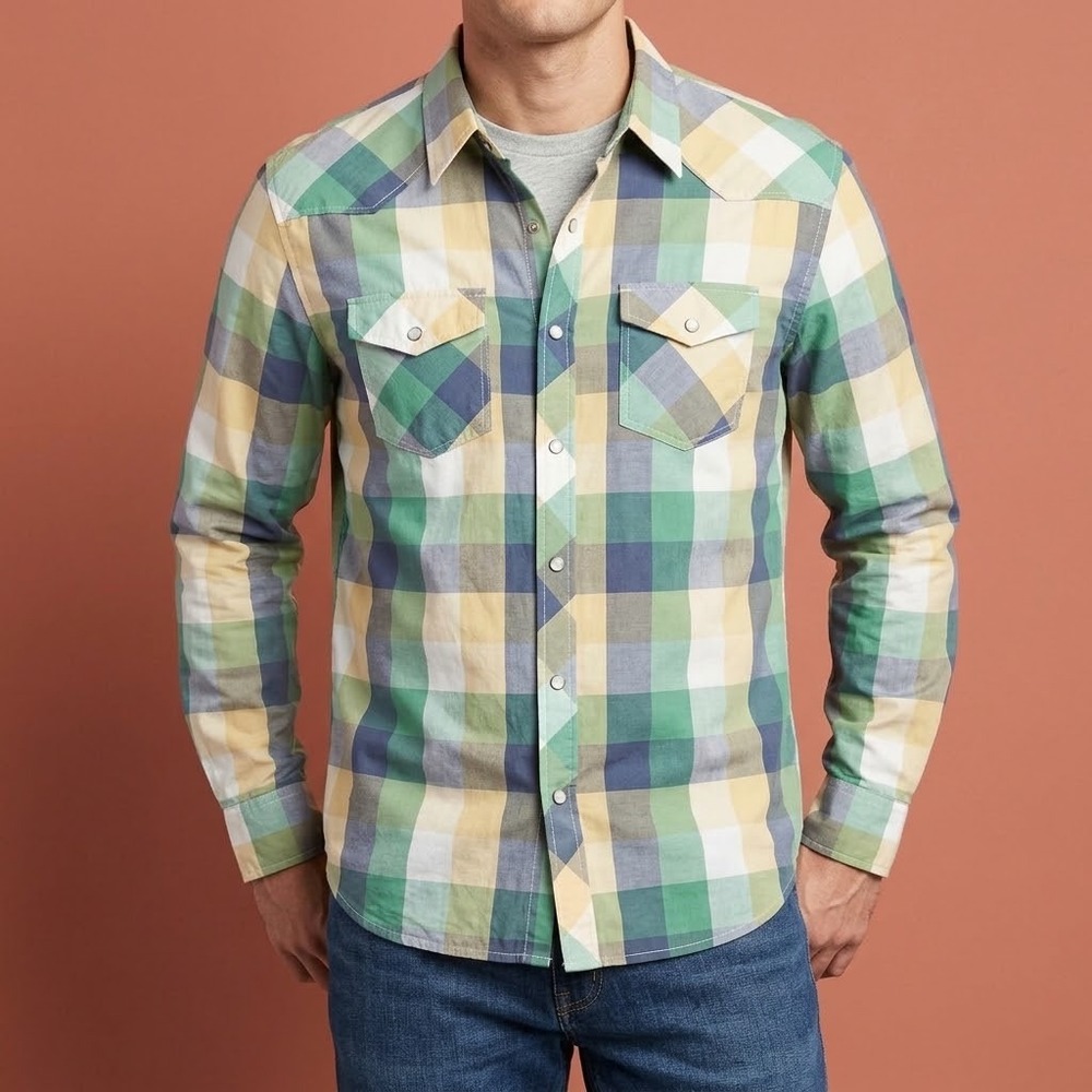 Old Navy Western Fit Plaid Pearl Snap Shirt Mens XL Green Yellow EUC